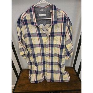 Tommy Bahama 3XL Plaid Camp Shirt Short Sleeve Button Front Palm Tree Print